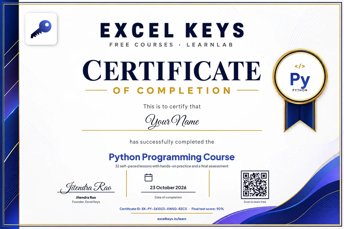 Sample Excel Keys LearnLab Python course completion certificate